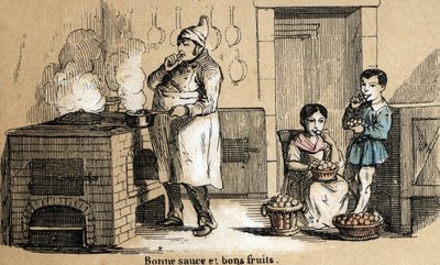 Descrizione dei cinque sensi: dettaglio del gusto, un cuoco assapora la sua salsa e bambini che mordono frutta. Tavola 