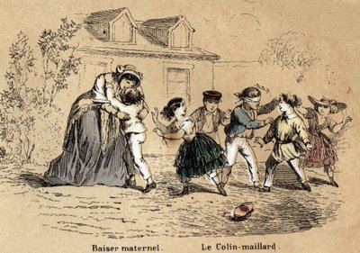 Descrizione dei cinque sensi: il tatto, una madre che abbraccia il suo bambino per contatto materno e il gioco del collin-aillard. Tavola "I cinque sensi" in "Les Recreations instructives". Dipinto sinottico di Jules Delbruck, incisione del 1860. Collezion da French School