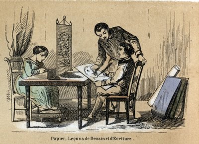 Descrizione dei vari prodotti e usi della carta: una corte di disegno e scrittura. Tavola 