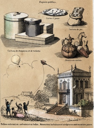 Descrizione dei vari prodotti e usi della carta: scatole di cartone e cappelli, carte da gioco, giochi come aquiloni o palloncini. Tavola 
