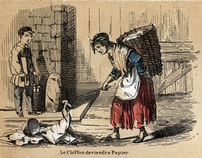 Descrizione dei vari prodotti e usi della carta: la raccolta di vecchi stracci da cui deriva la carta. Tavola "La carta e i suoi prodotti" in "Le ricreazioni istruttive". Dipinto sinottico di Jules Delbruck, incisione del 1860. da French School