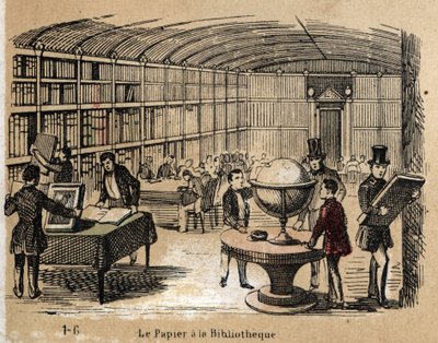 Descrizione dei vari prodotti e usi della carta: veduta di una biblioteca contenente opere di carta. Tavola 