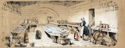 Descrizione dei vari prodotti e usi della mucca: veduta di una latteria che fa formaggio. Tavola 
