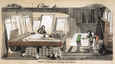 Descrizione delle varie fasi di fabbricazione e uso del vetro: un laboratorio per doratura, lucidatura e stampaggio del vetro. Tavola 