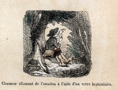 Descrizione delle varie fasi di fabbricazione e usi del vetro: un cacciatore che brucia il tingler accendendolo con una lente (o vetro lenticolare). Tavola "Il vetro e i suoi prodotti" in "Les Recreations instructives". Dipinto sinottico di Jules Delbruck da French School