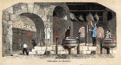 Descrizione delle varie fasi di fabbricazione e usi del vetro: la fabbricazione di bottiglie in un laboratorio di soffiatori di vetro. Tavola "Il vetro e i suoi prodotti" in "Le ricreazioni istruttive". Dipinto sinottico di Jules Delbruck, incisione del 18 da French School