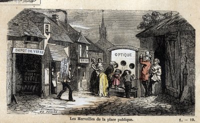 Descrizione delle varie fasi di fabbricazione e usi del vetro: le meraviglie della piazza pubblica, un illusionista che invita i bambini a scoprire la magia degli effetti ottici. Tavola 