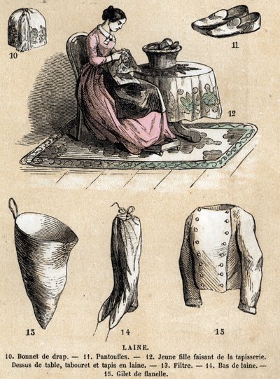 Descrizione dei vari usi e prodotti della pecora: arazzi e prodotti di lana, cappello, pantofole, calze di lana, gilet di flanella. Tavola "Le pecore" in "Les Recreations instructives". Dipinto sinottico di Jules Delbruck, incisione del 1860. Collezione p da French School
