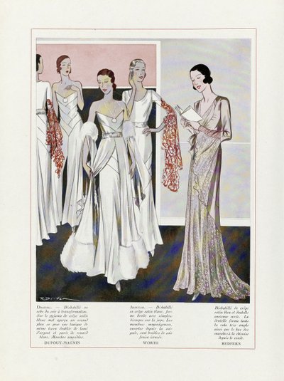 Design per abiti da sera di Depouy-Magnin, Worth e Redfern, da Art, Gout, Beaute, pub. 1931 (litografia a colori) da French School
