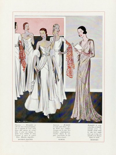 Design per abiti da sera di Depouy-Magnin, Worth e Redfern da French School
