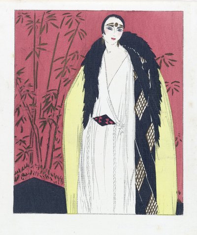 Disegno per un abito da sera con cappuccio bordato di pelliccia, pub. 1924 (stampa pochoir) da French School