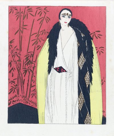 Design per un abito da sera con mantello bordato di pelliccia, pub. 1924 stampa pochoir da French School