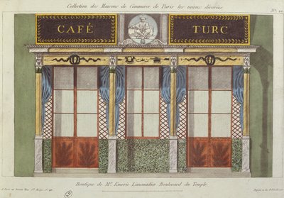 Progetto per la facciata del Cafe Turc, da una serie che raffigura i migliori edifici commerciali decorati di Parigi, c.1810 da French School