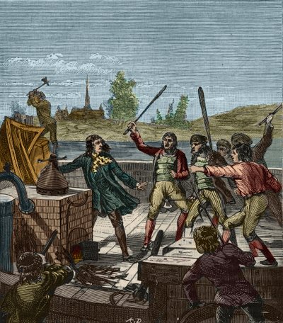 Distruzione della nave a vapore di Papin - Denis Papin (1647-1712) osserva la sua nave a pale distrutta dai barcaioli di Muenden nel 1707 - I barcaioli di Munden distruggono la nave a vapore di Denis Papin (1647-1712) - Incisione in "Scienze alla portata d da French School