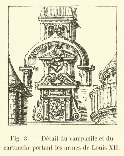Dettaglio del campanile e del cartiglio con le armi di Luigi XII da French School