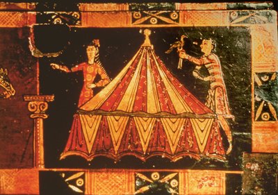 (dettaglio) da un cassone nuziale che raffigura due figure vicino a una tenda da French School