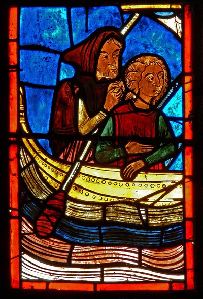 Dettaglio di una finestra raffigurante scene della vita di Santa Maria Egiziaca da French School