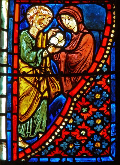 Dettaglio di una vetrata raffigurante scene della vita di Santa Maria Egiziaca da French School