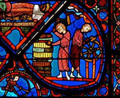 Dettaglio di una vetrata raffigurante scene della storia di Giuseppe da French School