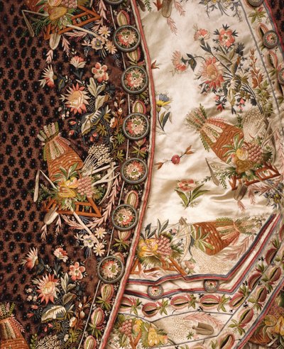 Dettaglio di un Magnifico Abito di Velluto Marrone Tagliato, comprendente cappotto, pantaloni e vita di raso avorio ricamato in suite, c.1760 da French School
