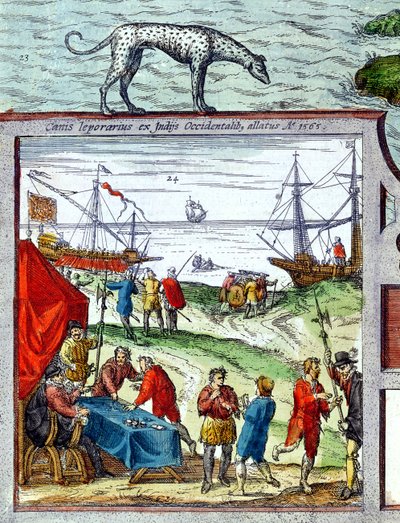 (dettaglio) vista del porto di Cadice che mostra il commercio con le Indie Occidentali da French School