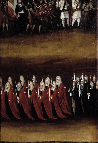 Dettaglio di uno schermo del XVIII secolo usato per la Festa del Dio (o Festa del Santissimo Sacramento), che rappresenta la processione da French School