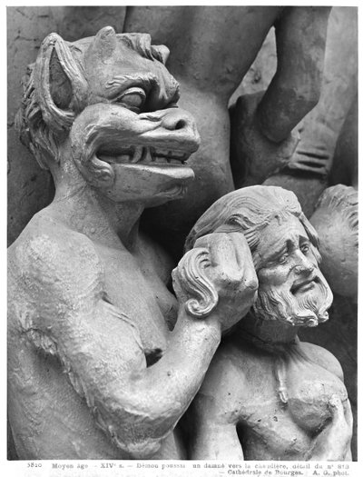 Diavolo che spinge una persona dannata nel fuoco, dal Giudizio Universale della Cattedrale di St. Etienne a Bourges (dettaglio) da French School