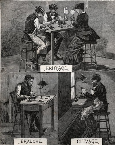Taglio dei diamanti, suono, grezzo e spacco. Incisione del 1885 in “Les arts et metiers illustres” di Adolphe Bitard. da French School