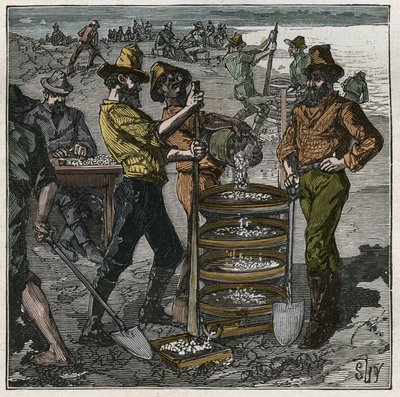 Lavaggio dei diamanti in Sudafrica nel XIX secolo. Incisione del 1885 in “Les arts et metiers illustres” di Adolphe Bitard. da French School
