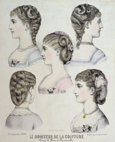 Diverse acconciature, tavola da Le Moniteur de la Coiffure, 1880 da French School