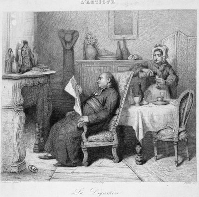 Digestione: prete che legge il suo diario davanti al camino mentre la domestica gli serve un digestivo - incisione da French School