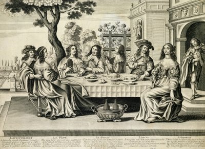 Cenare su una terrazza con un giardino formale sottostante, inciso da Balthazar Moncornet (c.1600-68) da French School
