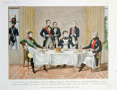 Cena a Tilsit tra Federico Guglielmo III di Prussia, lo Zar Alessandro I di Russia e Napoleone, che brinda alla Regina di Prussia, 3 giugno 1807 da French School