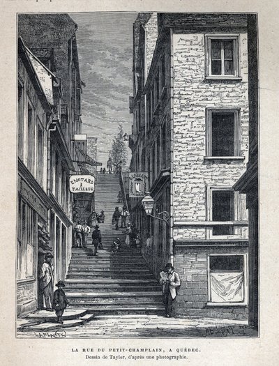 Scopri il Canada: Rue du Petit Champlain a Quebec. Disegno di Taylor da una fotografia. Incisione della fine del XIX secolo in "La nouvelle France" di Eugene Guenin da French School