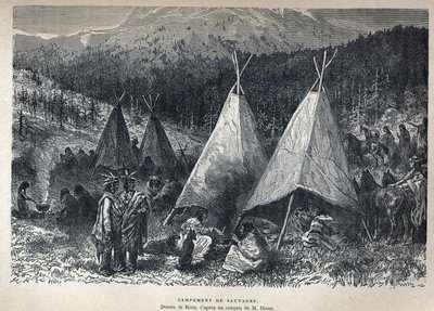 Scoperta del Canada: Campo indiano americano con teepee. Disegno di Riou da uno schizzo di Dixon. Incisione della fine del XIX secolo in "La nouvelle France" di Eugene Guenin da French School