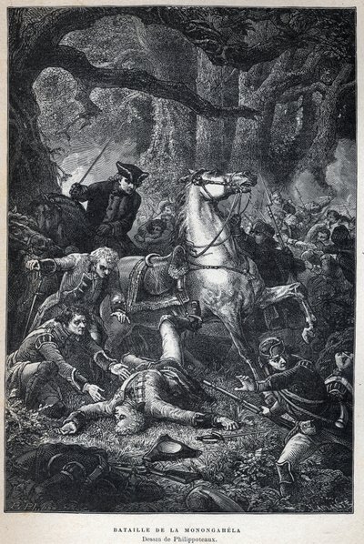 Scoperta del Canada: Battaglia di Monongahela nel 1755 durante la Guerra dei sette anni. Disegno di Philippoteaux. Incisione della fine del XIX secolo in "La nouvelle France" di Eugene Guenin da French School