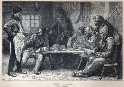 Scoperta del Canada: boscaioli canadesi. Disegno di Maillard. Incisione della fine del XIX secolo in "La nouvelle France" di Eugene Guenin da French School