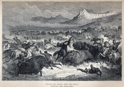 Scoperta del Canada: Caccia al bisonte dei Sioux. Disegno di Gustave Doré dopo Catlin. Incisione della fine del XIX secolo in "La nouvelle France" di Eugene Guenin da French School