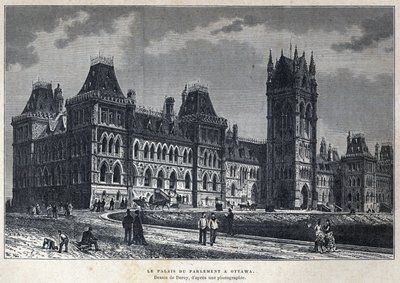 Scoperta del Canada: il Palazzo del Parlamento a Ottawa. Disegno di Deroy da una fotografia. Incisione della fine del XIX secolo in 