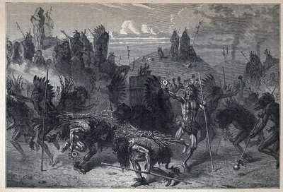 Scoperta del Canada: La danza del bisonte nei Mondanes. Incisione della fine del XIX secolo in "La nouvelle France" di Eugene Guenin da French School