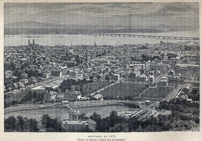 Scoperta del Canada: vista della città di Montreal nel 1875. Disegno di Benoist dopo una fotografia. Incisione della fine del XIX secolo in "La nouvelle France" di Eugene Guenin. da French School