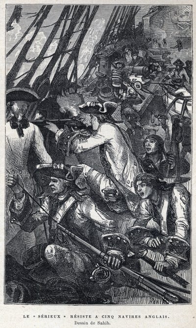 Scoperta del Canada: Jacques Pierre de Taffanel de la Jonquière (1685-1752) ufficiale navale francese al comando della nave francese "Le sérieux" resistette a cinque navi inglesi. Disegno di Sahib. Incisione della fine del XIX secolo in "La nouvelle France da French School