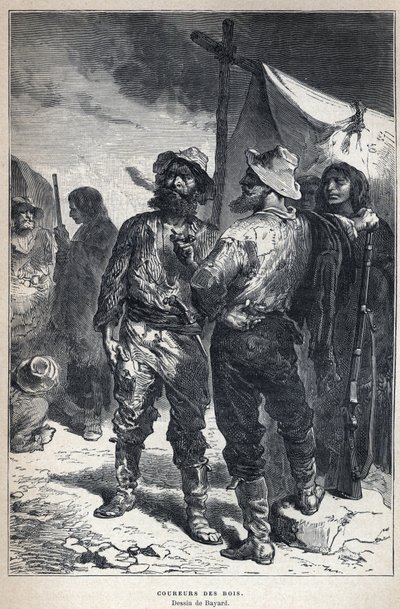 Scoperta del Canada: coureur des bois (coinvolto nel commercio di pellicce con gli amerindi). Disegno di Bayard. Incisione della fine del XIX secolo in 