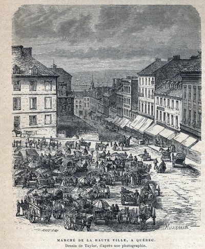 Scoperta del Canada: Marcia dalla città alta a Quebec. Disegno di Taylor da una fotografia. Incisione della fine del XIX secolo in "La nouvelle France" di Eugene Guenin da French School