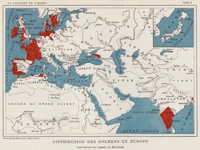 Distribuzione dei dolmen in Europa (litografia a colori) da French School