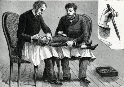Medici che esaminano gli occhi di un bambino e somministrano colliri (incisione) 1888 da French School