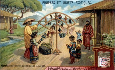 Bambole e giocattoli esotici: venditore di giocattoli giapponese nella tribù Ainu di Chishima. Cromolitografia dei prodotti Liebig. da French School
