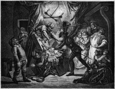 Don Chisciotte combatte i burattini che pensa siano Mori. Incisione di V. Beauce dopo il dipinto di Charles Antoine Coypel (1694 - 1752) che illustra il romanzo di Cervantes (1547-1616). In 