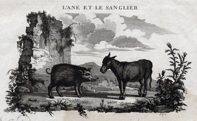 Asino e cinghiale. Favola di Esopo. (scrittore greco Esopo, VI secolo a.C.) Scritta da Guillaume Montfort e incisa da Beauble nel 1801 da French School