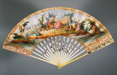 Ventaglio a doppia foglia dipinto con scena pastorale, costole in avorio e argento da French School